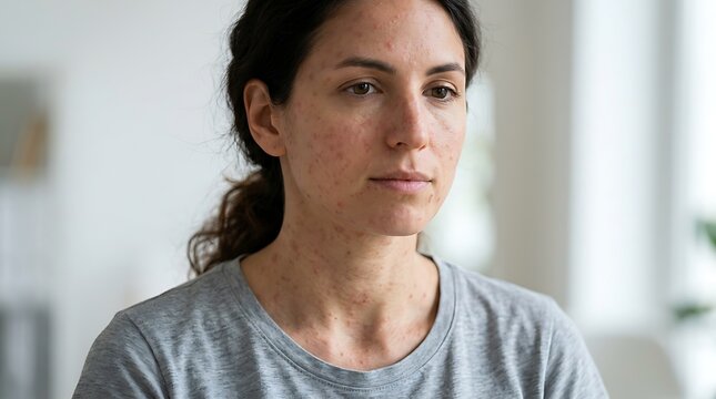 Woman with acne on her face looking concerned and unhappy about her skin health and appearance