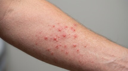Fototapeta premium Skin rash on arm with red bumps and inflammation Skin condition with multiple small red lesions on forearm