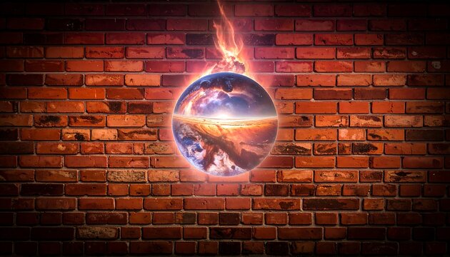A world globe, split terrain, on fire is levitating against a brick wall background in dark contrast lighting