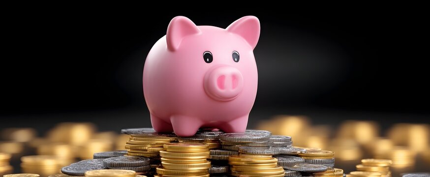 The piggy bank chillin on sparkling cash shows saving and money wins.