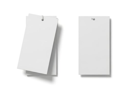 Isolated set of blank white rectangular clothing price tags with metal eyelets, merchandise labeling, retail branding