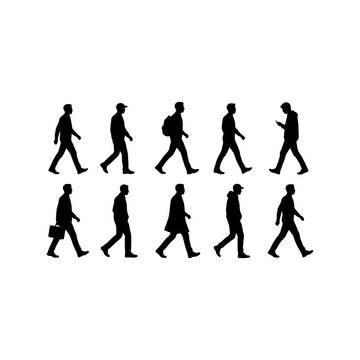 Silhouettes of people including a man and woman and a woman with a camera walking posing and performing different activities