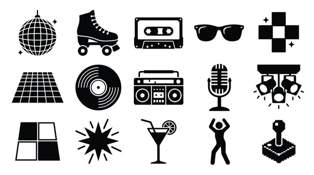 A collection of retro and vintage icons , including a disco ball, roller skates, cassette tape, sunglasses, boombox, vinyl record, microphone, dance floor, and cocktail.