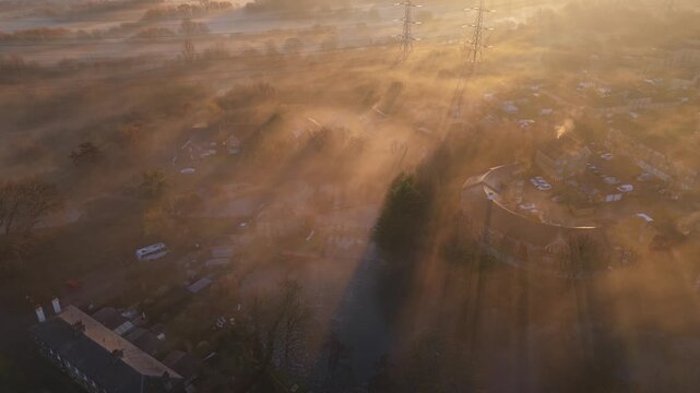 Misty Winter Sunrise Over Government Row, Enfield Aerial Drone View