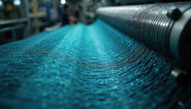 Closeup of teal fishing net being woven on industrial loom. Fine threads create intricate mesh pattern in bright factory setting. Automation aids net production.