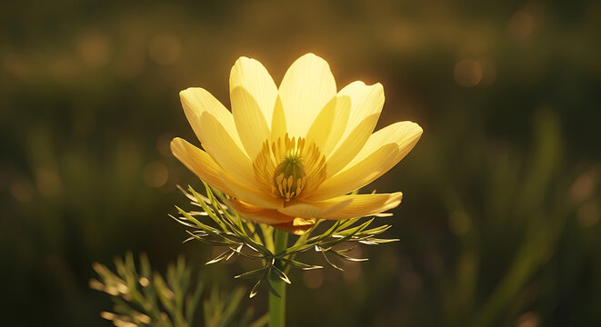 Single yellow Adonis flower glowing in warm sunlight, detailed petals and stamen, soft bokeh background, nature's beauty, spring bloom, macro photography