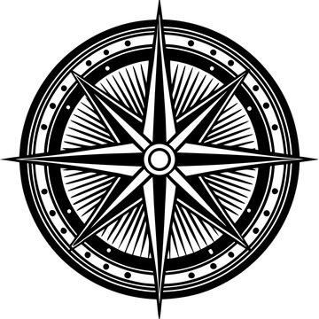 antique compass 1910s linocut style black and white 