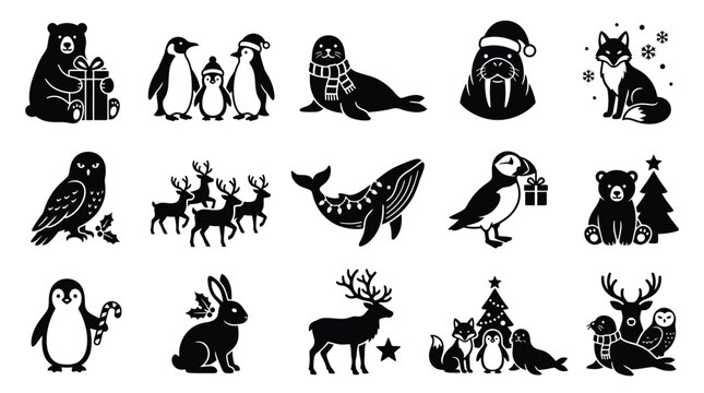 Collection of charming black and white Christmas-themed animal illustrations, perfect for festive designs and holiday greetings.