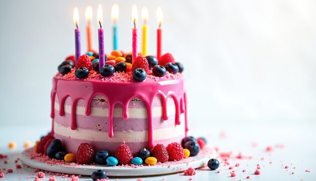 Layered pink birthday cake with lit colorful candles and fresh berries on top. Drip frosting cascades down sides adorned with fruit. Perfect for celebrations and party planning.