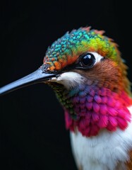Obraz premium Hummingbird bird shows amazing rainbow feathers and sharp eye in close up macro. Small wild animal with long beak poses against black background.