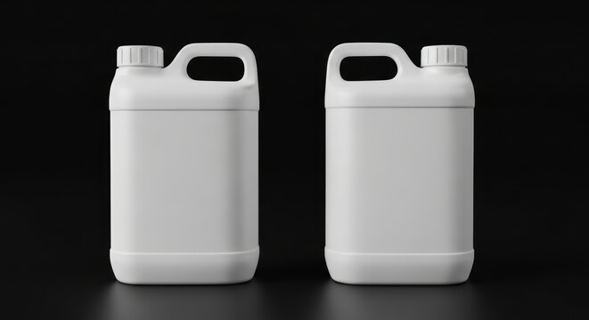 Two white plastic chemical jerrycans isolated on black background, blank packaging for industrial liquid chemicals, mockup template
