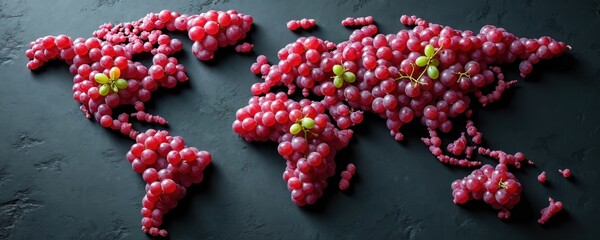 Naklejka premium World map formed by clusters of red grapes. Continents and countries shaped with fruit. Concept shows global wine regions and grape growing areas.