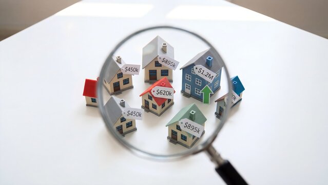 A magnifying glass examines miniature houses with price tags on a white surface