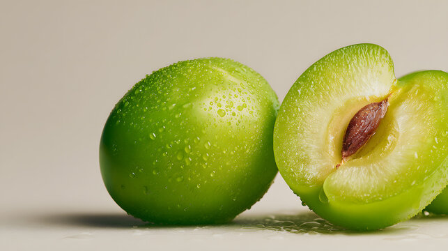 green plum fresh fruit macro cut juicy seed close up