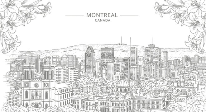 Black and white line art of the Montreal skyline with Mount Royal and lilies