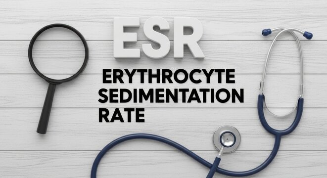 Erythrocyte Sedimentation Rate with magnifying glass and stethoscope on a wooden surface. A clear representation of diagnostic tools. Medical analysis, clinical study, healthcare research.