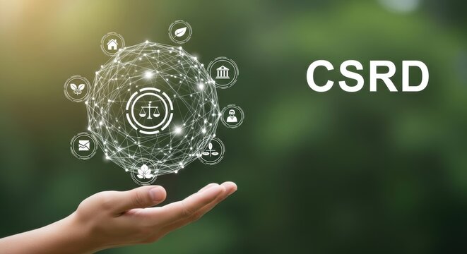 Hand holds CSRD data sphere in blurred background. A conceptual illustration of environmental regulations.. Sustainability disclosure, corporate responsibility, transparent governance.