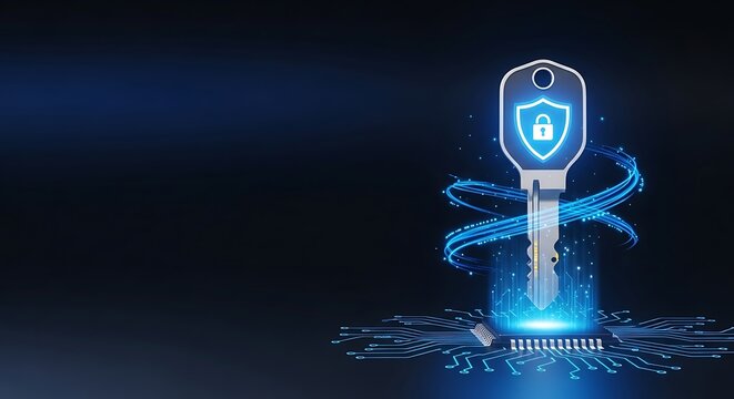 Digital key with shield icon glows on abstract futuristic circuit board access granted security protection cybersecurity technology futuristic abstract connection confidential encryption