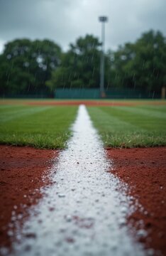 Baseball field infield chalk line ready for game. Damp green grass and red dirt infield. Overhead stadium lights glow through falling rain. Trees border outfield fence.