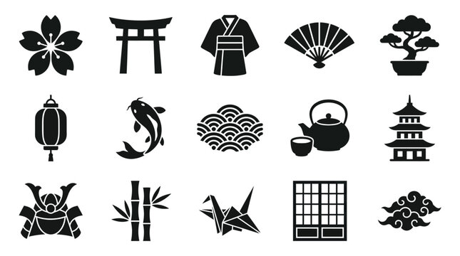 A collection of icons, including a samurai helmet, cherry blossom, torii gate, kimono, fan, bonsai tree, lantern, koi fish, waves, teapot, pagoda, bamboo, origami crane, shoji screen, and clouds.