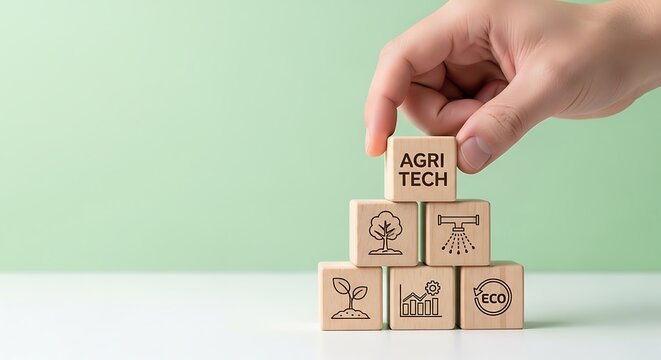 Hand stacking wooden blocks with agricultural technology icons and text agriculture technology agritech innovation business production efficiency development sustainability robotics