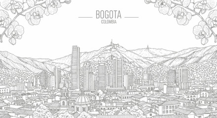 Fototapeta premium Black and white line drawing of Bogotá cityscape with mountains and orchids
