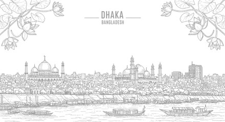 Black and white line drawing of Dhaka skyline along a river with boats and lotus flowers © Julian Vance
