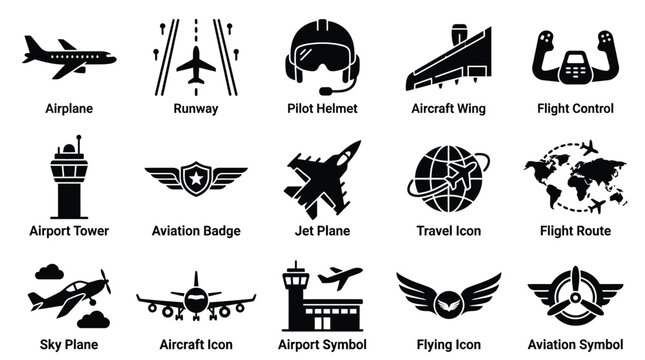Collection of 15 black and white aviation and travel icons, including airplanes, airport tower, runway, pilot helmet, and world maps.