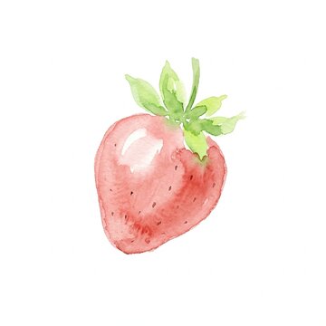 A delightful hand-painted watercolor illustration captures the fresh essence of a ripe red strawberry with vibrant green leaves, beautifully isolated on white.