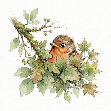 Little fluffy robin bird perched gracefully upon a detailed branch surrounded by delicate green leaves in a charming watercolor painting