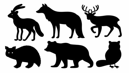 Fototapeta premium Set of black forest animal silhouettes featuring deer wolf bear rabbit raccoon and owl isolated on a white background for creative design projects and wildlife art