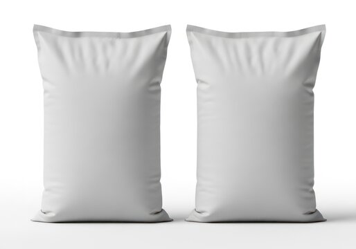 Two isolated blank white industrial sacks, empty burlap bag mockup for grain, flour, cement, sugar packaging design