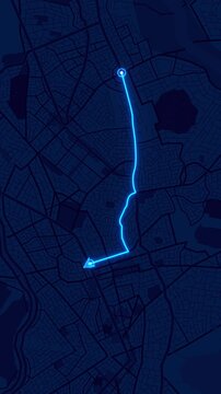 City map navigation route . Blue Indianapolis City Road Map with GPS Navigation Concept GPS Tracking. Moving red marker forward on a map. Arrow moving on city map. GPS navigation route delivery point.