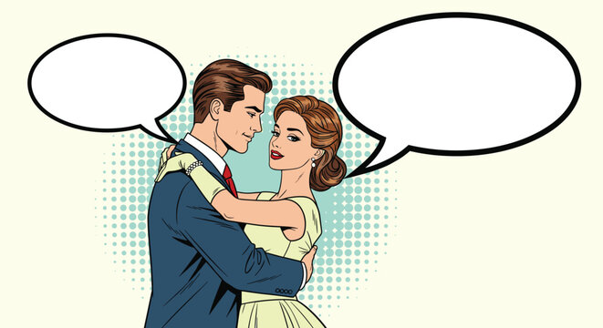 Elegant romantic couple dancing together with two empty speech bubbles for dialogue or wedding celebration messages.