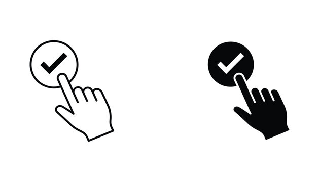 Hand cursor clicking a circular button with a check mark icon representing task completion and user interface confirmation