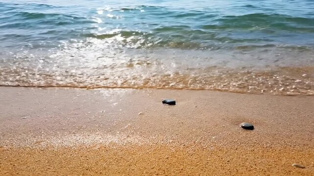 Gentle waves rolling onto a sandy shore on a bright, sunny day, with sparkling water in the distance. A small stone rests on the sand