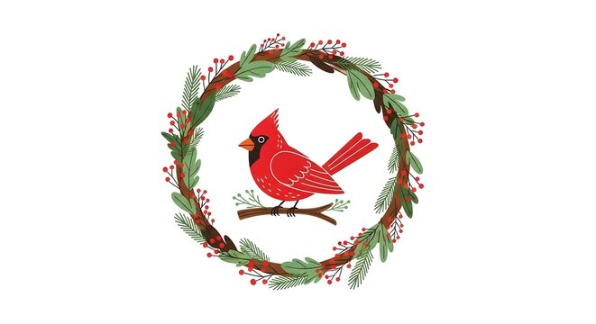 Red Cardinal Bird Perched on Branch Inside Festive Wreath.