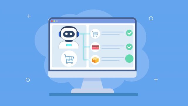 Flat vector animation of an ecommerce dashboard with robot assistant, shopping cart, product flow, and checklist status, representing online store automation and order management.