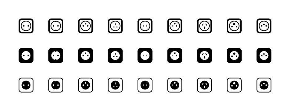 Comprehensive set of universal power outlet line icons. Minimalist vector collection of different electrical socket types for global travel and tech design.
