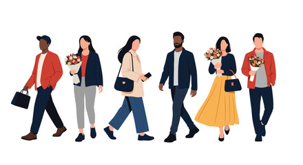 Fototapeta premium Group of diverse men and women walking in a row carrying colorful flower bouquets and bags in a modern flat design illustration style.
