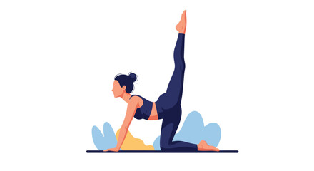 Fototapeta premium Woman practicing a balancing yoga pose in stylish dark blue athletic activewear against a simple background with abstract pastel shapes.