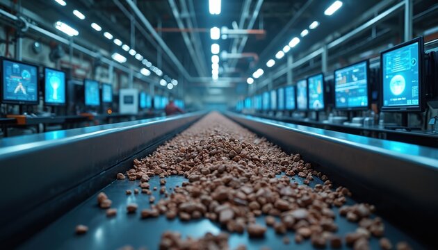 Industrial conveyor belt carries ore chunks. High-tech monitors display data. Modern facility processes raw materials with advanced tech. Automated production line uses digital systems for quality