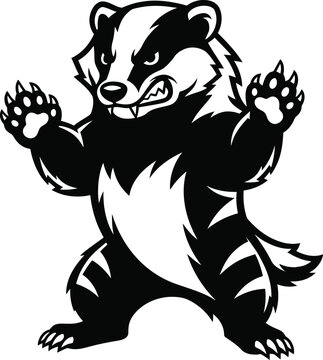 An aggressive badger mascot standing ready for action in black and white.