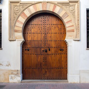 A large, ornate wooden door with metal studs and hinges
