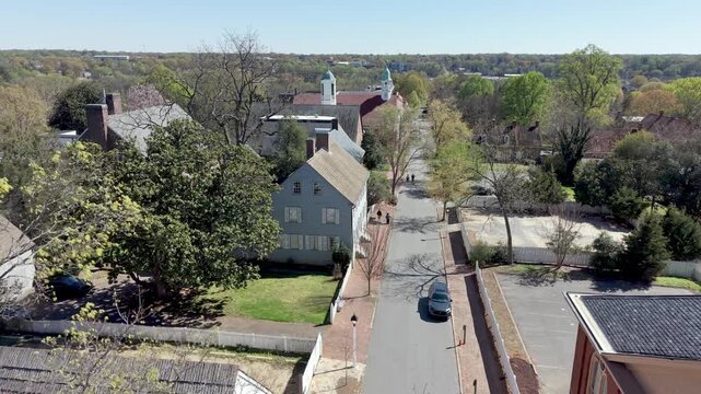 aerial over treetops in spring in old salem nc, north carolina