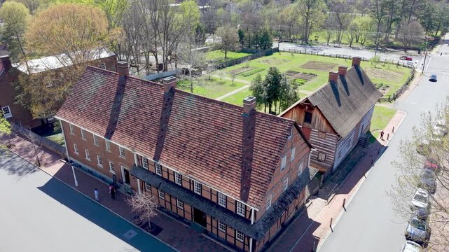 aerial push in to the single brothers house in old salem in winston salem nc, north carloina