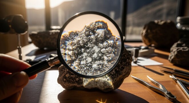 Magnifying glass reveals detail of rock sample