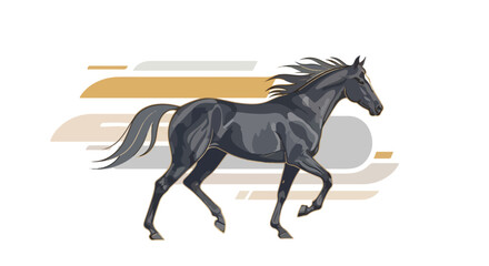 Fototapeta premium Illustration of a dark gray horse in motion with a dynamic mane and tail against abstract yellow, gray, and beige background.
