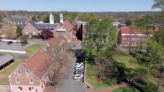 aerial pan past home moravian church in historic winston salem nc, north carolina