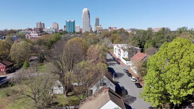 aerial push in over old salem in winston salem nc, north carolina